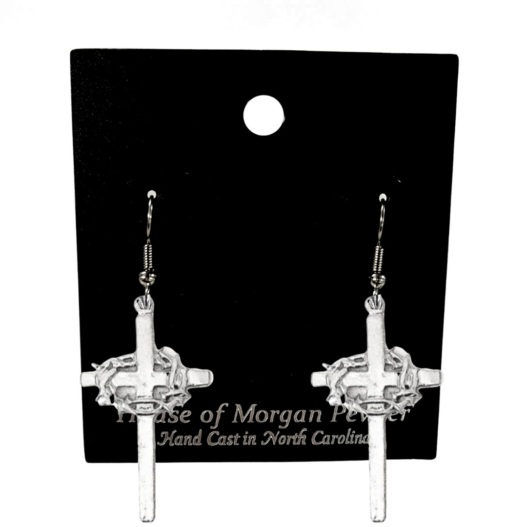 Silver Pewter Metal Cross with Thorns Earrings Top Gift Ideas - House of Morgan Pewter